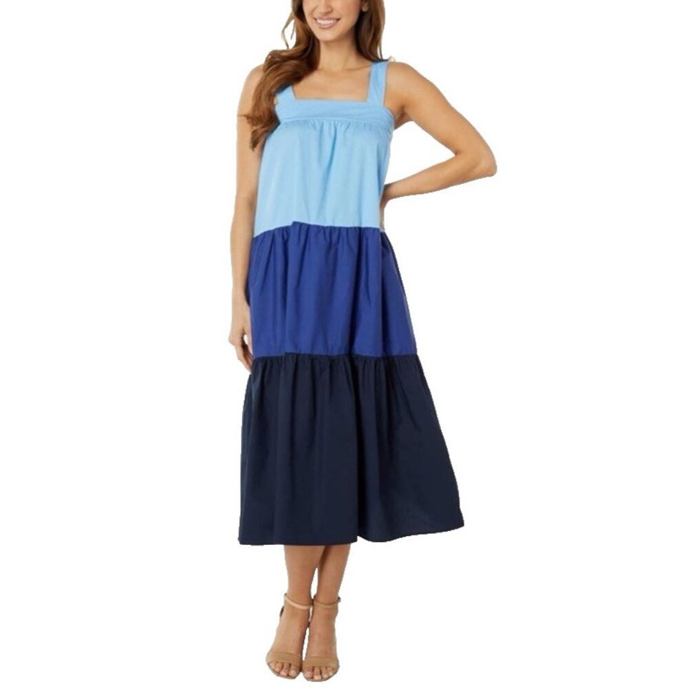 Moon River Tiered Cotton Midi Dress S Caribbean Blue Summer Stretch NEW NWT